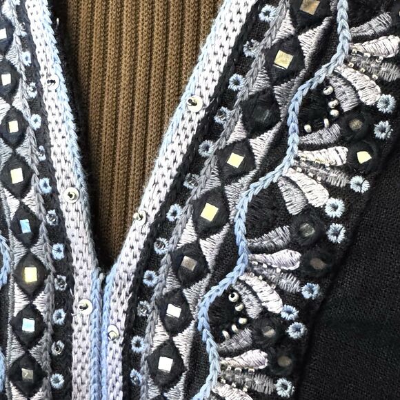 Chico's Embellished Linen Dress Dark Navy 3/4 Sleeves Knee Length Size 0 (US 4) - Picture 5 of 10